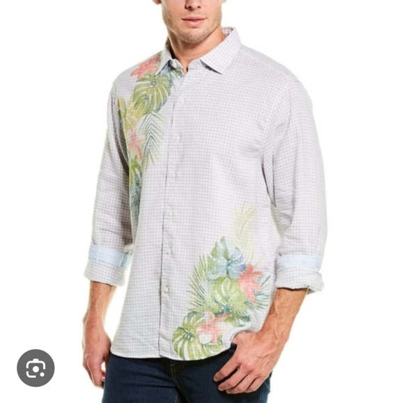 Tommy Bahama Men's White Grey Gingham Tropical 100% Linen Button Up Shirt Sz M - Picture 1 of 10